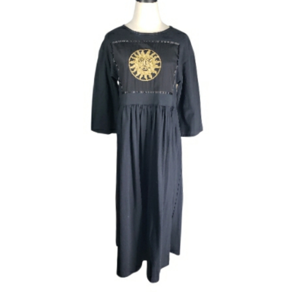 Vintage 80s Scribbles Midi Dress Babydoll Gold Sun Boho Artsy Art Teacher Cotton
